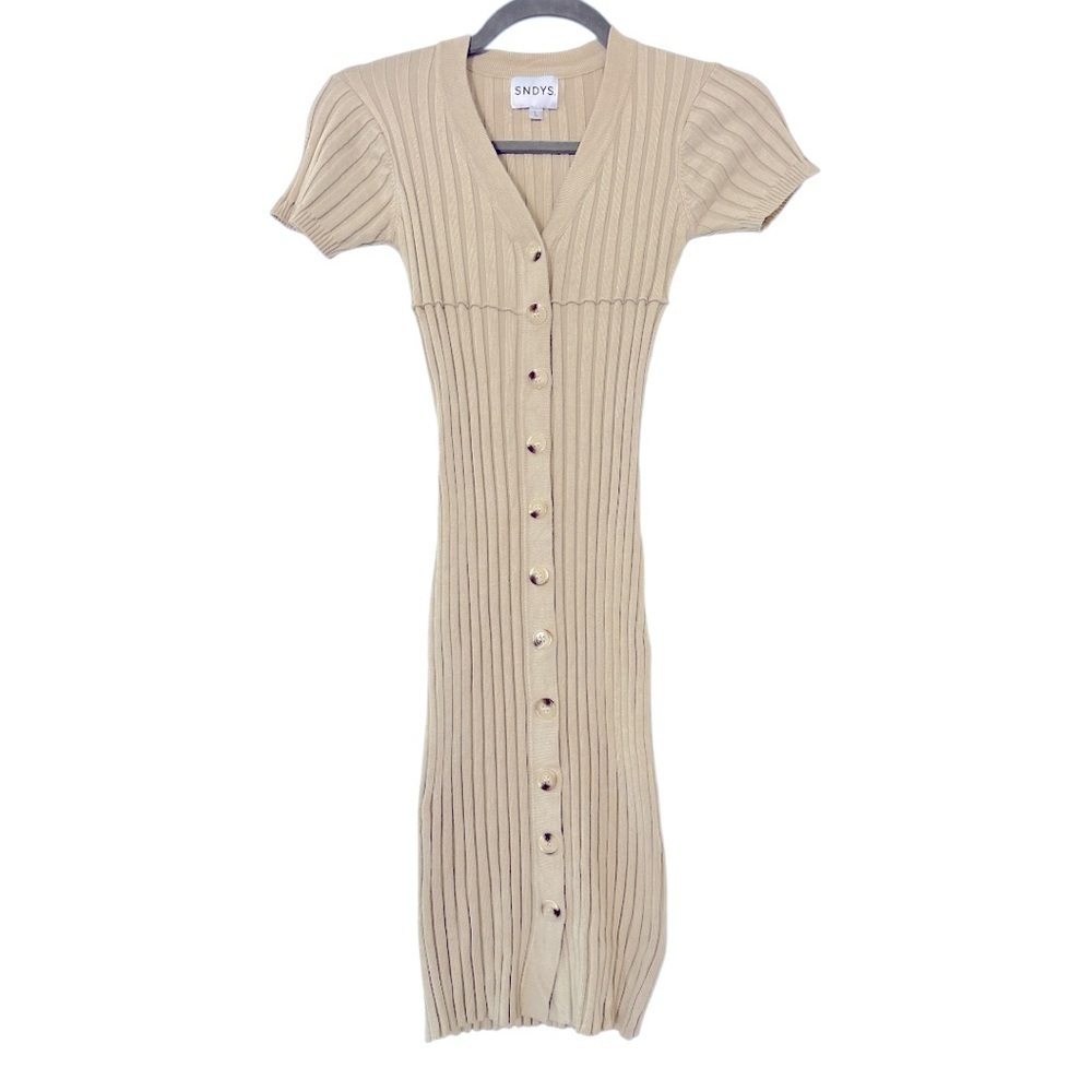 SNDYS. Nevada Ribbed Knit Button Down Bodycon Mini Dress in Cream Size Large - Picture 2 of 8